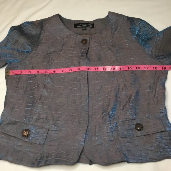 Linear Iridescent Blue Pleated Cropped One Button Jacket Blazer Ladies Small - Picture 6 of 10
